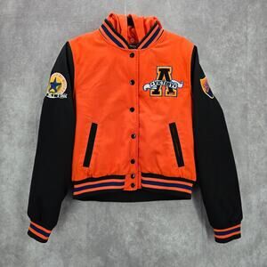 Red Fox Orange Black Varsity Puffer Hood Vintage Y2K Bomber Jacket Coat Medium M